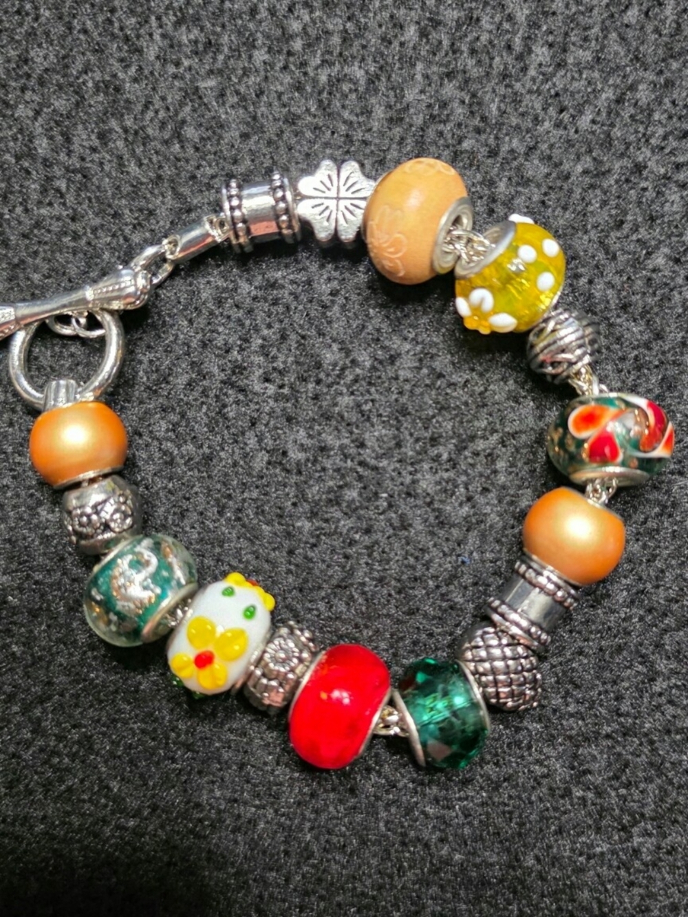 Vintage Multicolor Glass Bead Silver Tone Charm Bracelet Women Jewelry